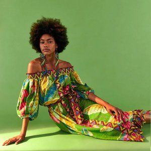 Farm Rio Banana Leaves Off The Shoulder Midi Dress Size XS